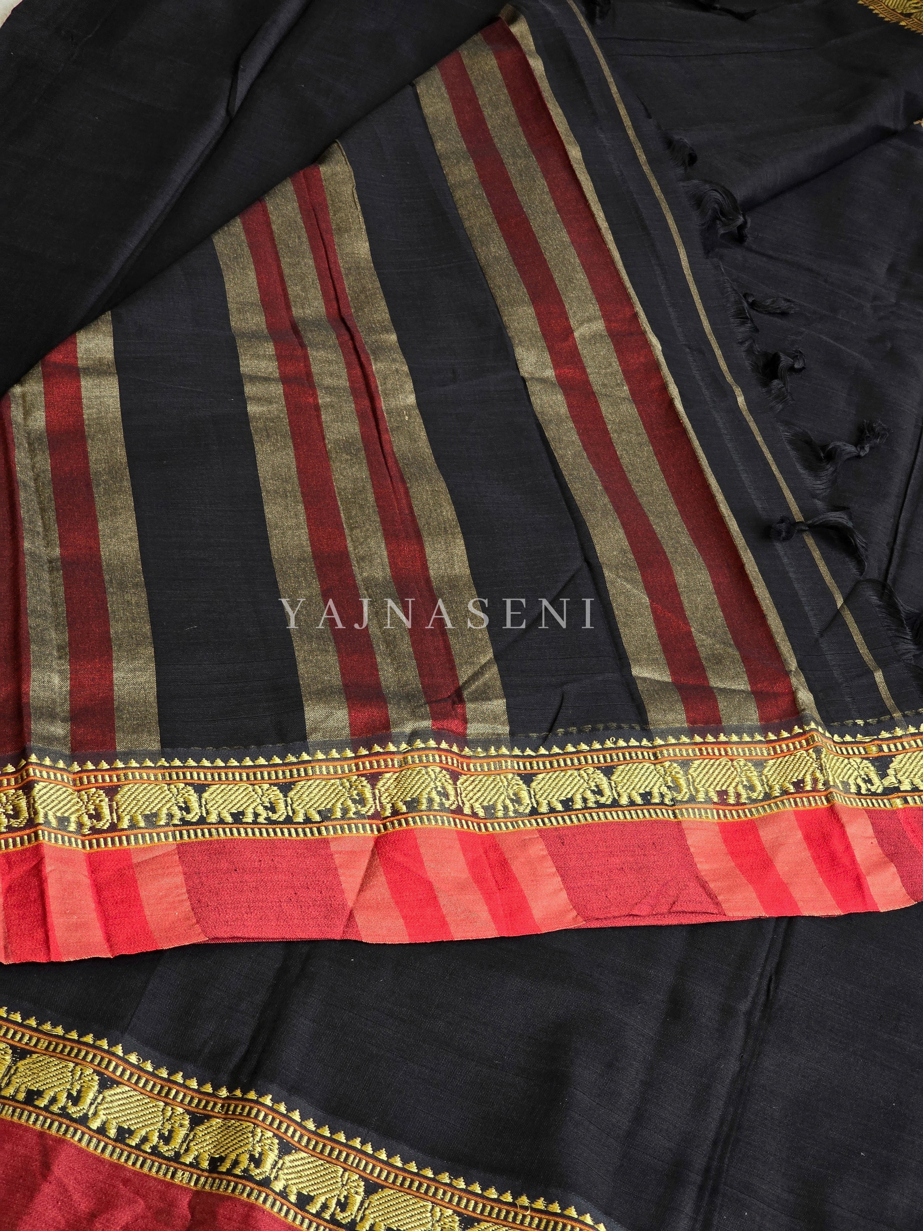 Narayanpet Mercerised Cotton Saree : Black x Red