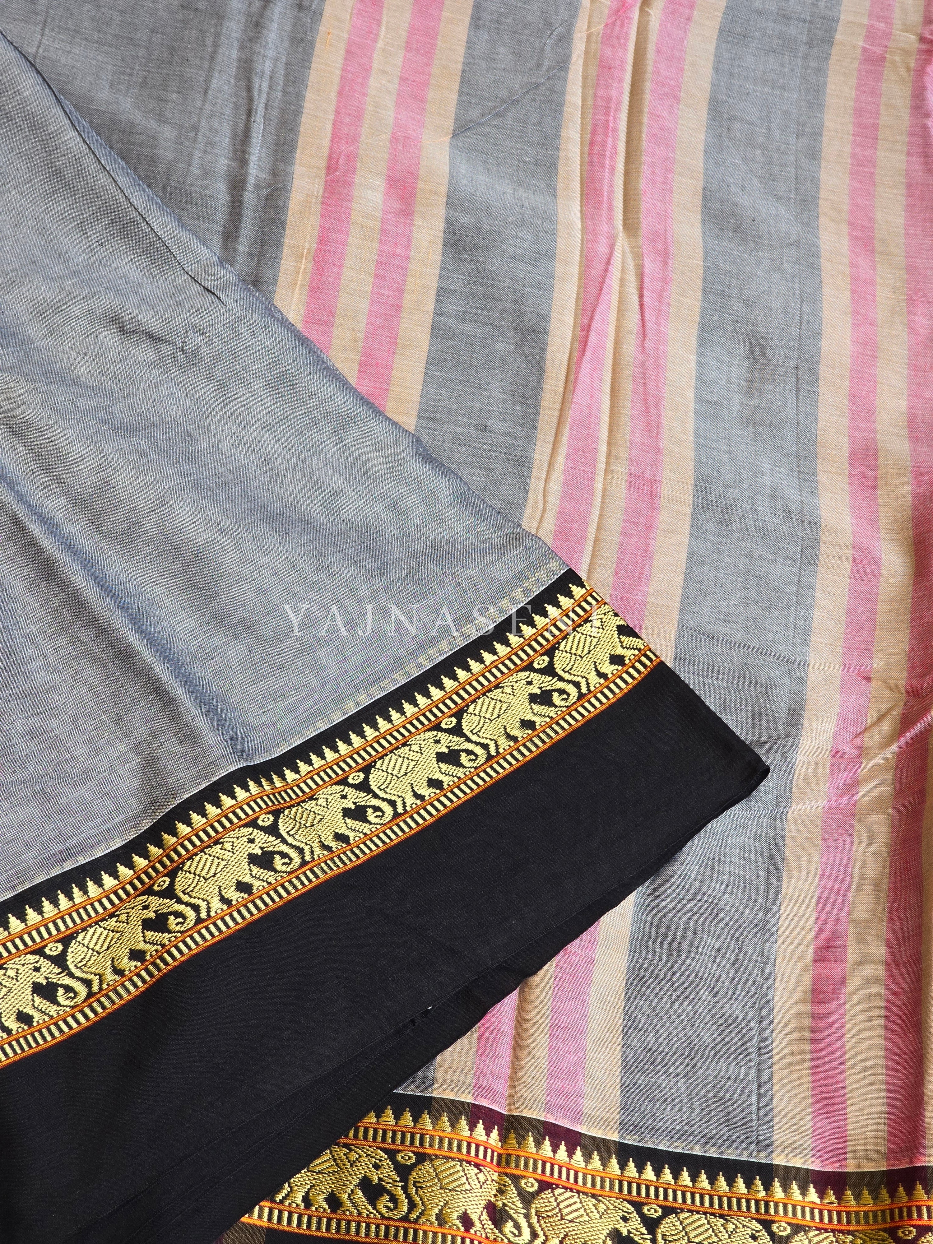 Narayanpet Mercerised Cotton Saree : Grey x Black