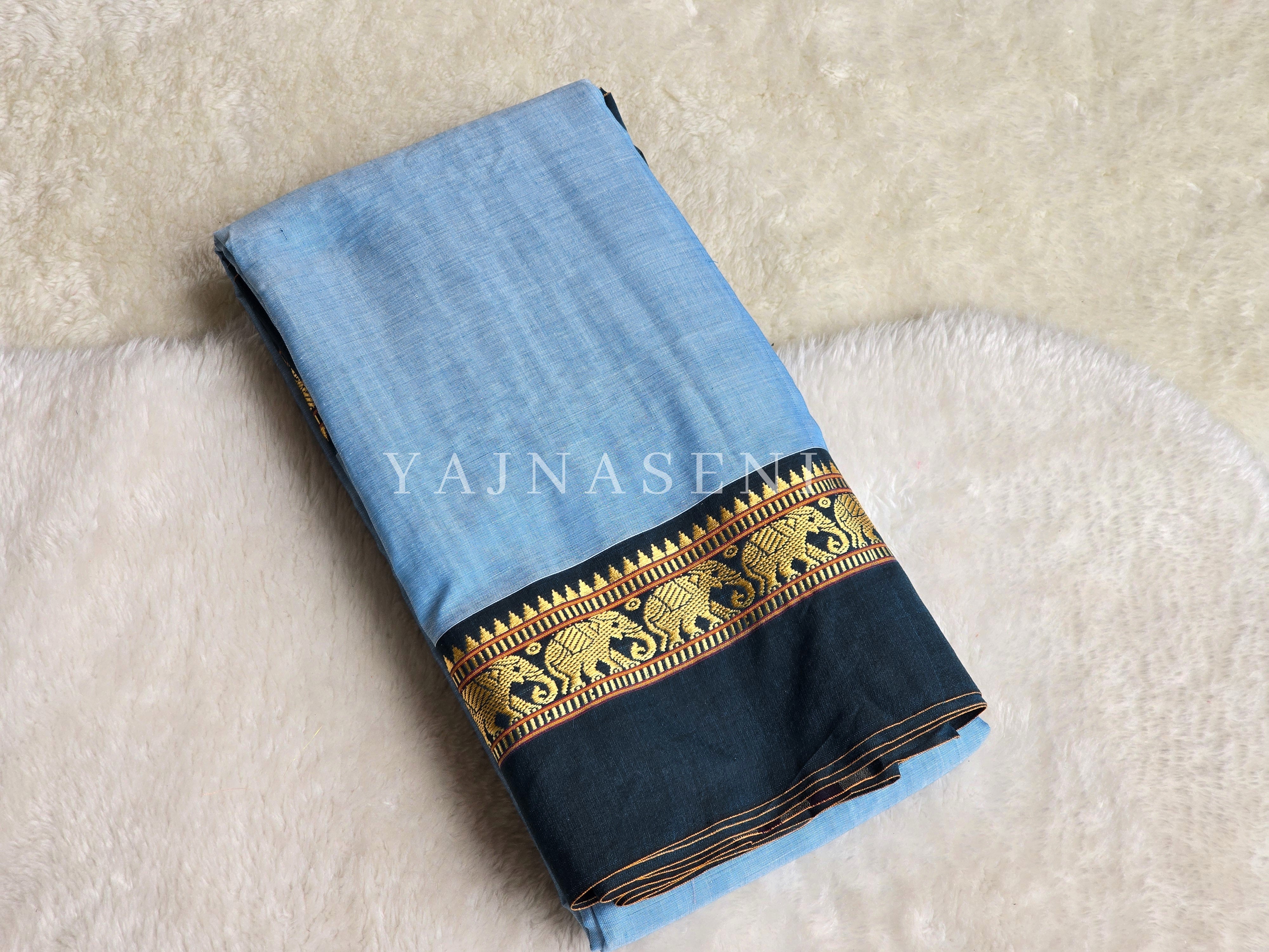 Narayanpet Mercerised Cotton Saree : Light Blue x  Dark Teal