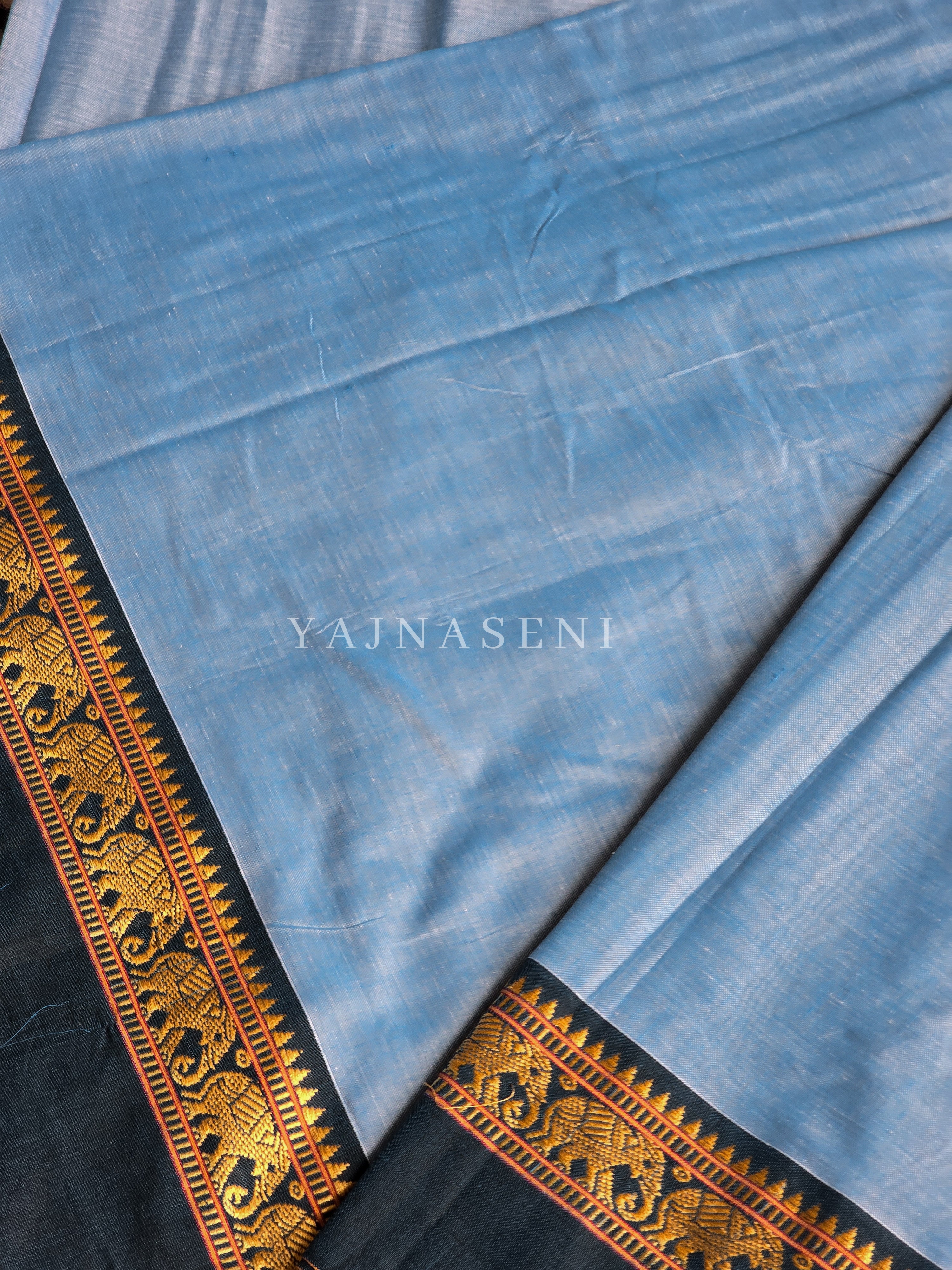 Narayanpet Mercerised Cotton Saree : Light Blue x  Dark Teal