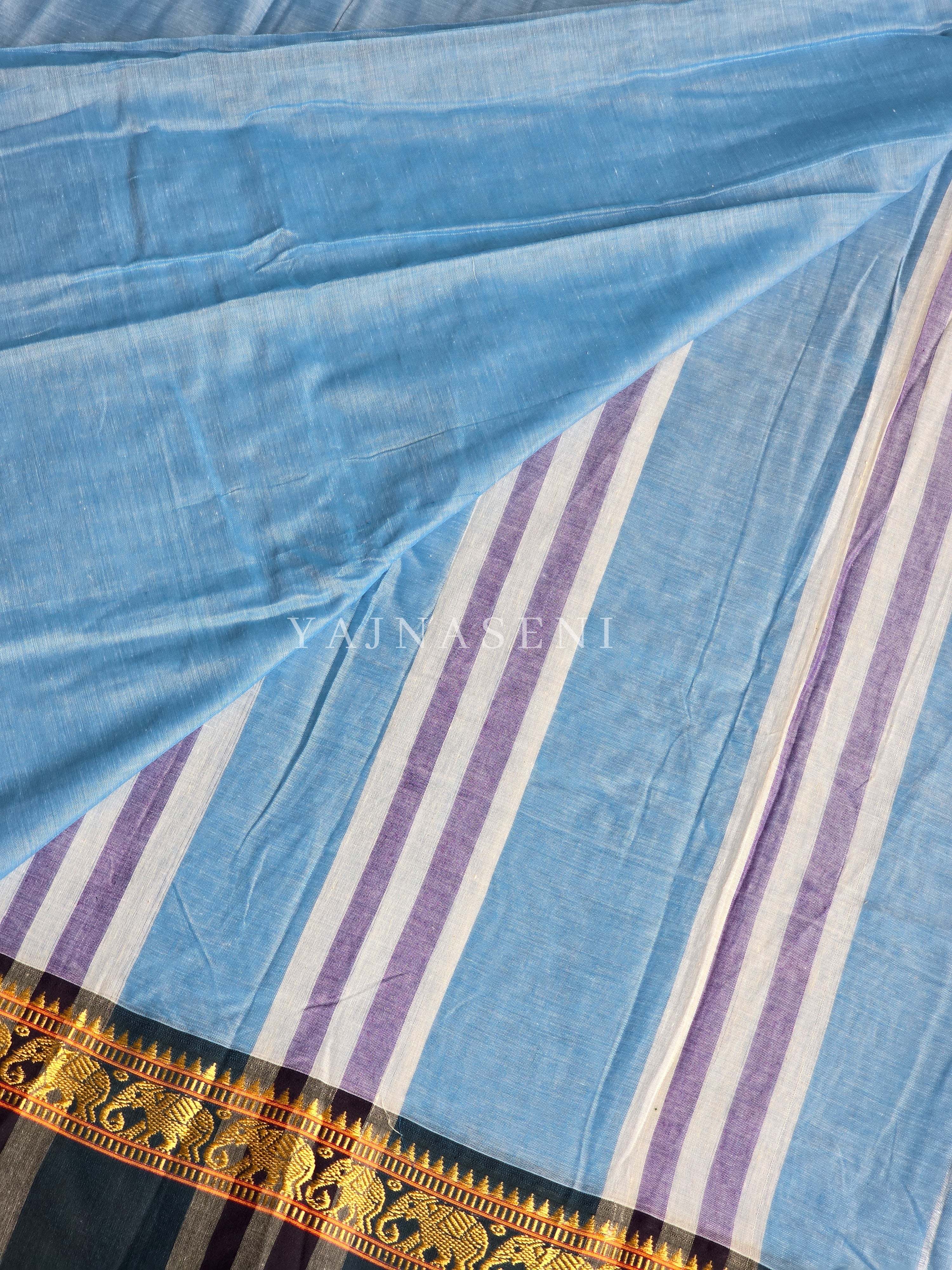 Narayanpet Mercerised Cotton Saree : Light Blue x  Dark Teal