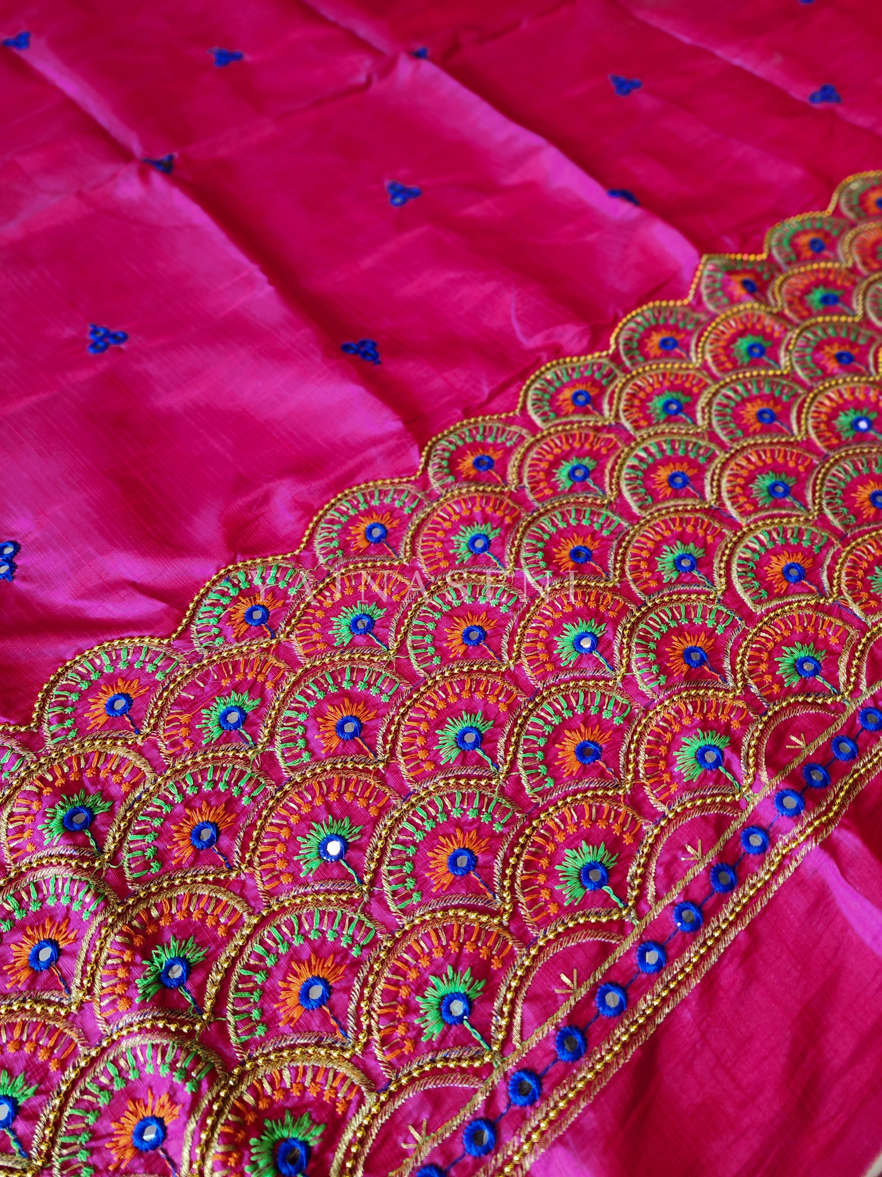 Peacock - Aari work blouse material : MAGENTA