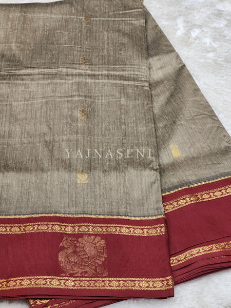 Kalyani Cotton Saree - Ashbrown with Maroon – Yajnaseni