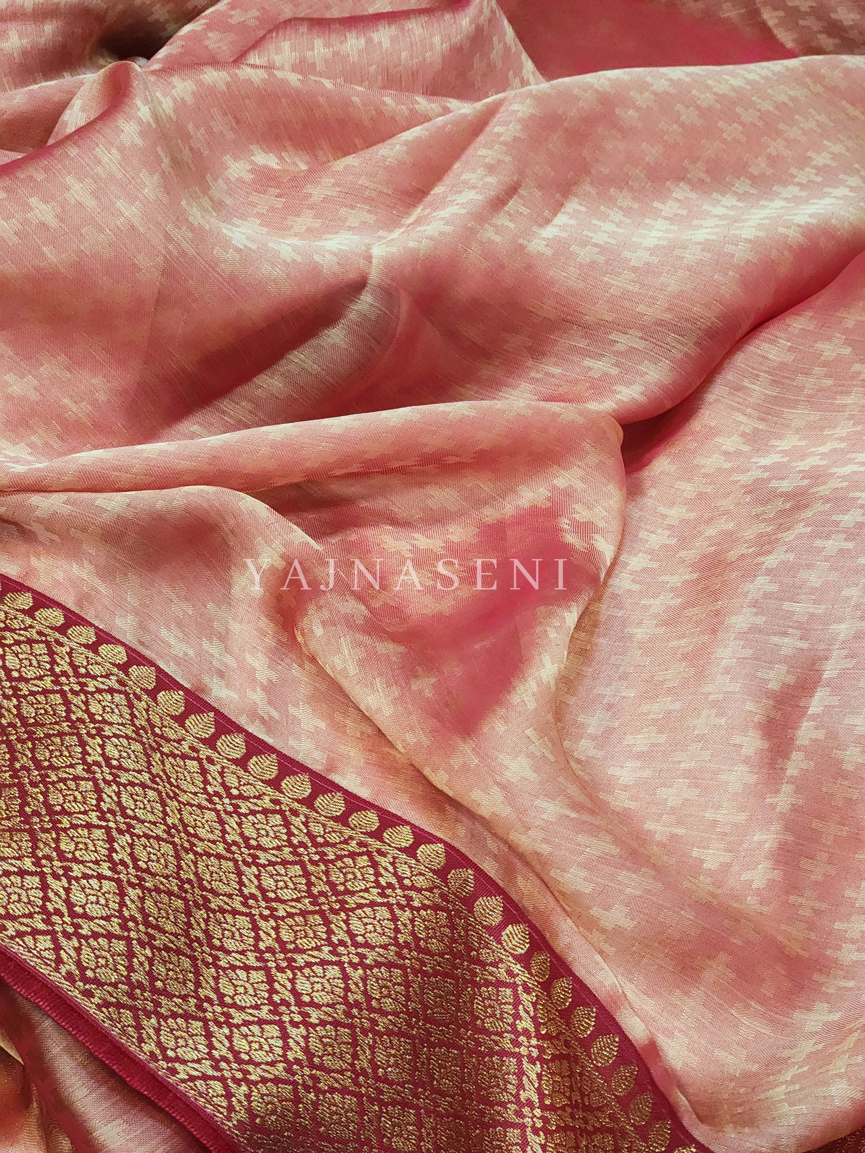 Chiffon Saree x Silk Border - Peach Pink