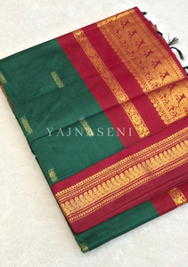 Kalyani Cotton Saree - Gold Zari : Green x Red