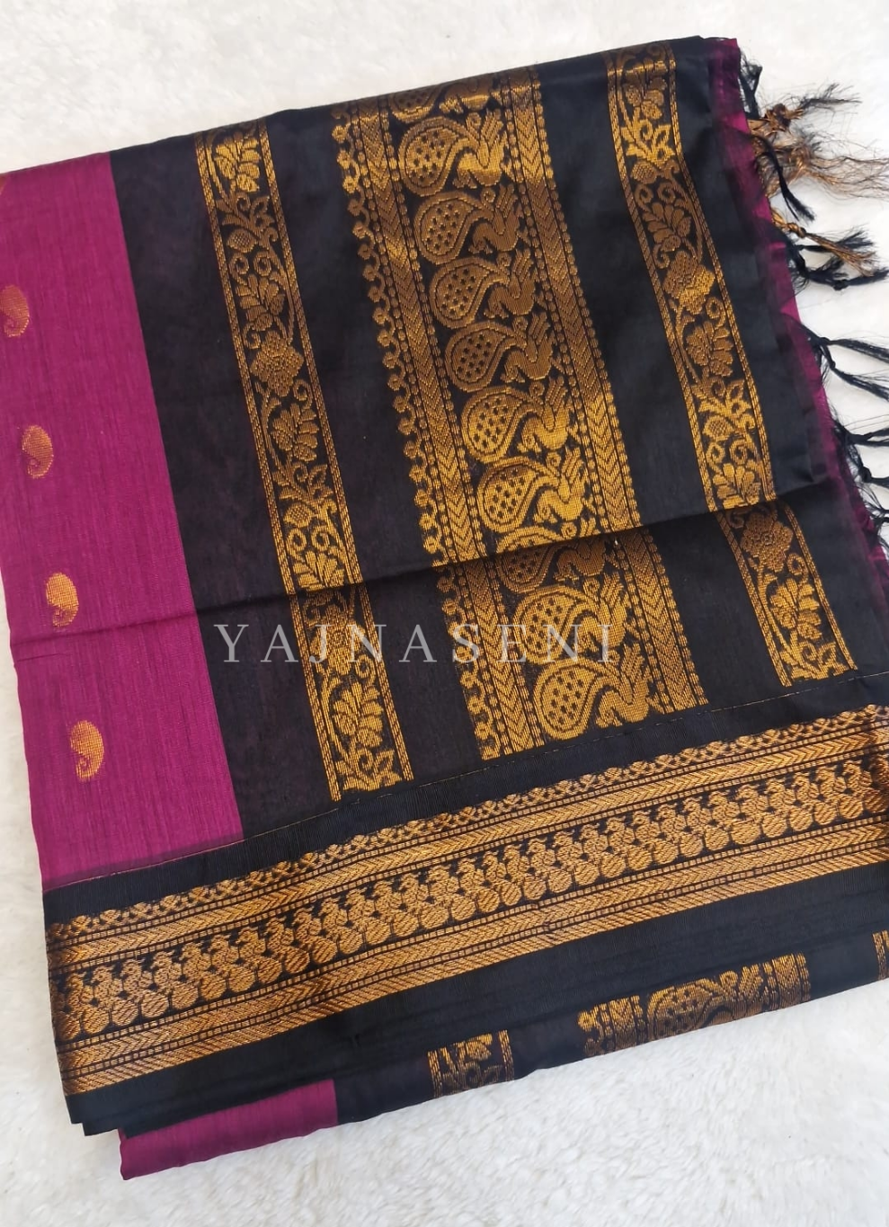 Kalyani Cotton Saree - Copper Zari : Magenta x Black