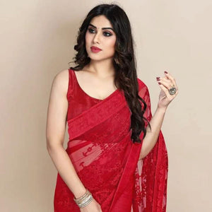 Embroidered Net Saree - Red