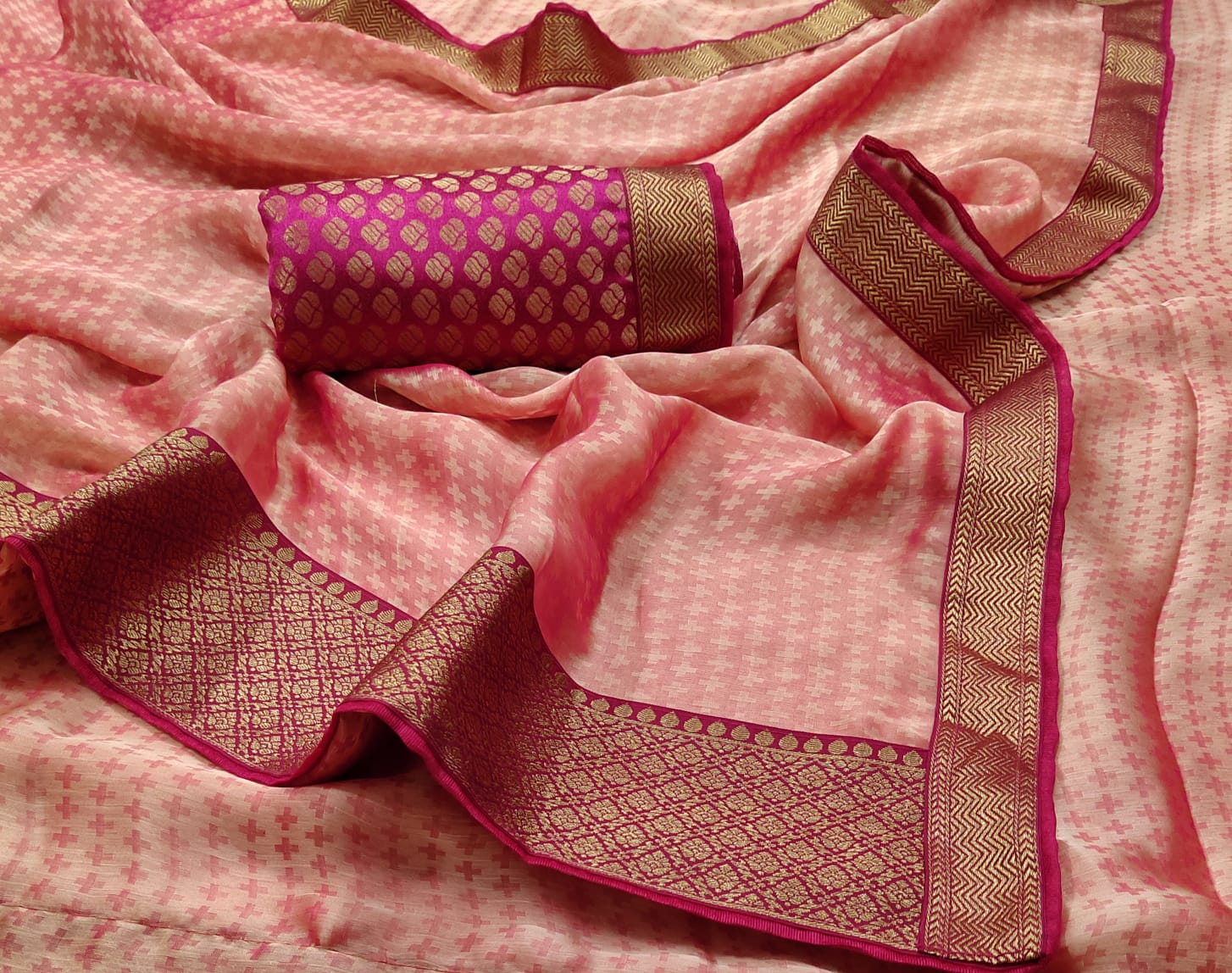 Chiffon Saree x Silk Border - Peach Pink