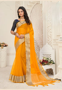 Organza silk saree x light gold zari - Mustard x Midnight Blue