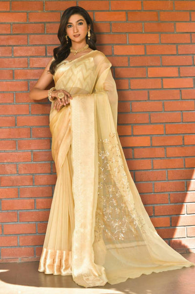 Buy Cream Gold Mirror Work Saree by Designer SEEMA GUJRAL Online at  Ogaan.com