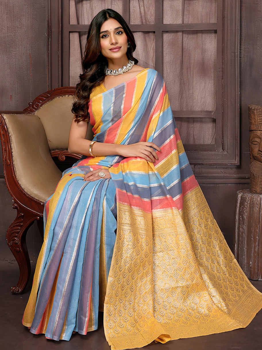 Linen Striped Saree : Multicolour