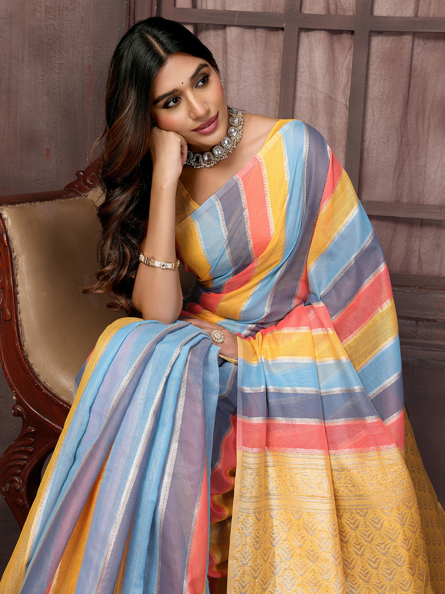 Linen Striped Saree : Multicolour