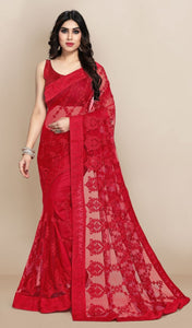 Embroidered Net Saree - Red