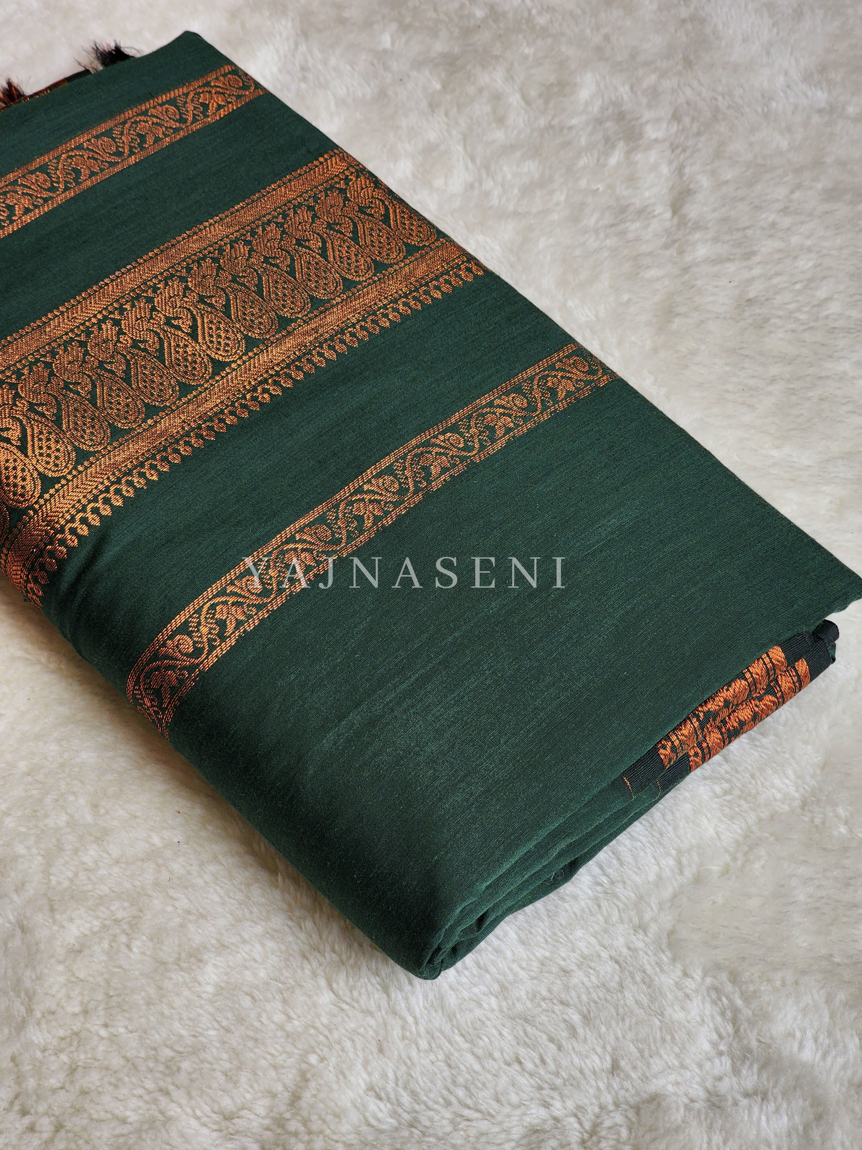Kalyani Cotton Saree - Copper Zari : Deep Green
