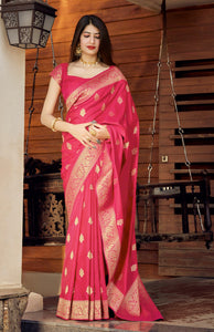 Soft Semi Silk Saree - Rani Pink