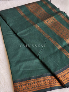 Kalyani Cotton Saree - Copper Zari : Deep Green