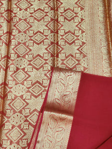 Semi georgette saree x brocade blouse : Red