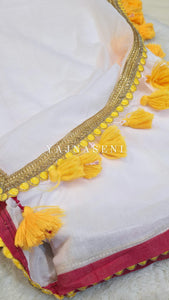 Mulmul Cotton x PomPom Saree : White x Yellow