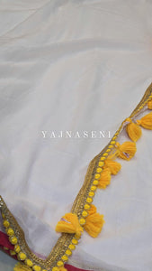 Mulmul Cotton x PomPom Saree : White x Yellow