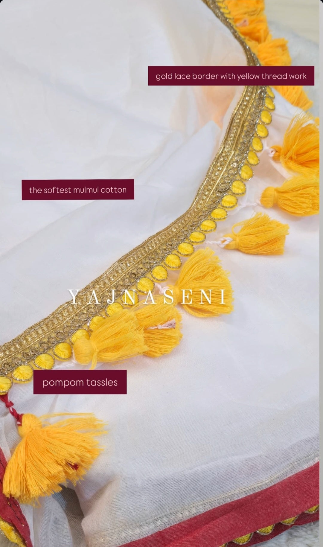 Mulmul Cotton x PomPom Saree : White x Yellow