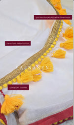 Load image into Gallery viewer, Mulmul Cotton x PomPom Saree : White x Yellow
